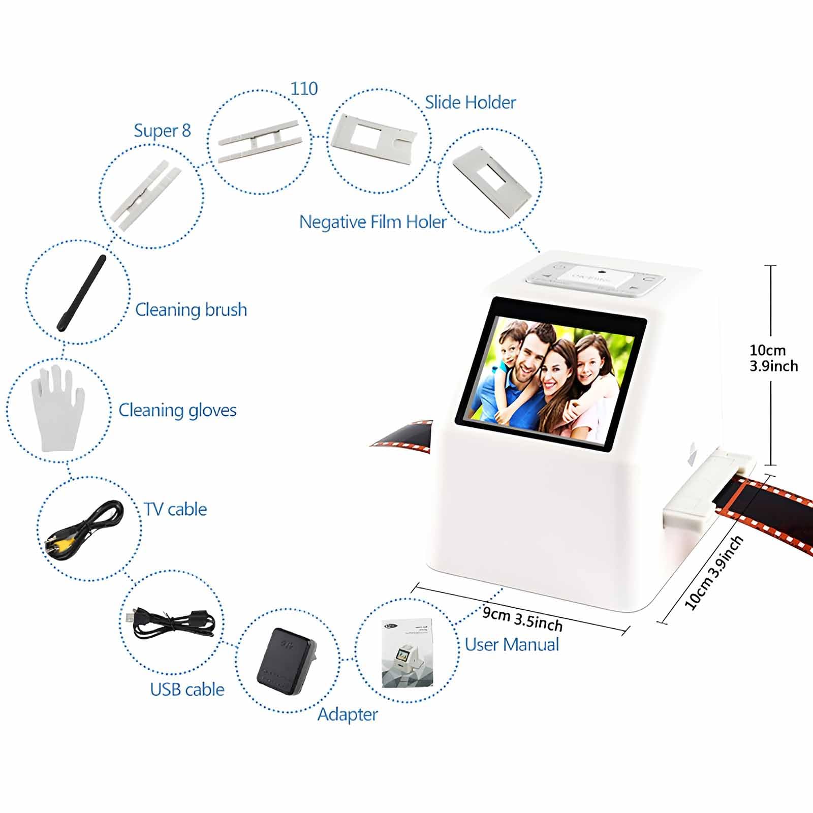 Scanner per pellicole e diapositive, scanner multifunzione da 22 MP con schermo LCD da 2,4 pollici, converte colori e bianco e nero 35 mm, 126, 110 e Super 8 diapositive e negativi in immagini