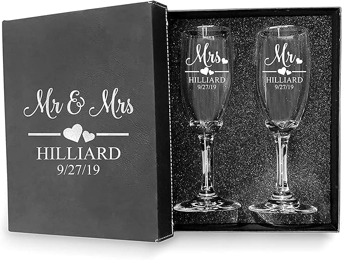 Mr and Mrs - Juego de 2 copas de champán con caja negra, grabadas con láser, copas personalizadas grabadas para novia y novio