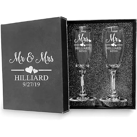 Krezy Case Mr and Mrs Wedding Toasting Champagne Flutes with Box, Set of 2 Glasses With Black Box, Laser engraved Tosting Flutes Engraved Personalized Glasses for Bride and Groom
