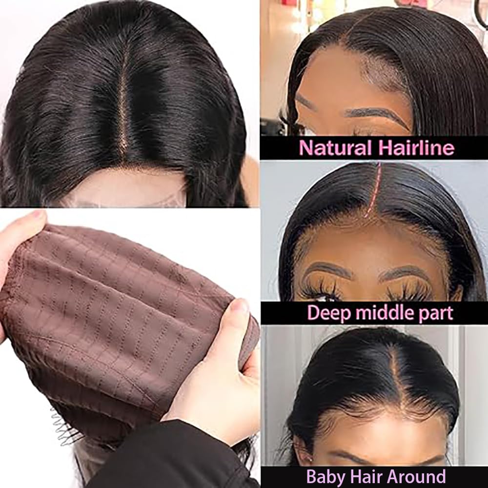Parrucca Donna Capelli Veri Umani 13x1 Lace Front Wig Straight Human Hair Wig Natural Black Wig Pre Plucked with Baby Hair 180% Density Hair 32 Pollice