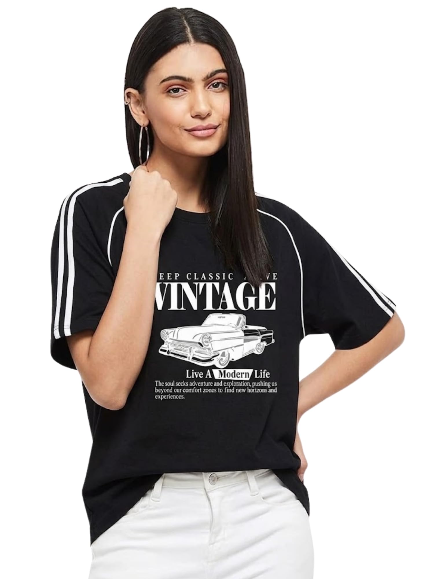 shaira fashion Women’s Cotton T-Shirt with White Double Stripe Raglan Sleeves | Classic Vintage Car Print | Regular Fit Casual Round Neck Tee | Breathable Fabric-picture-45