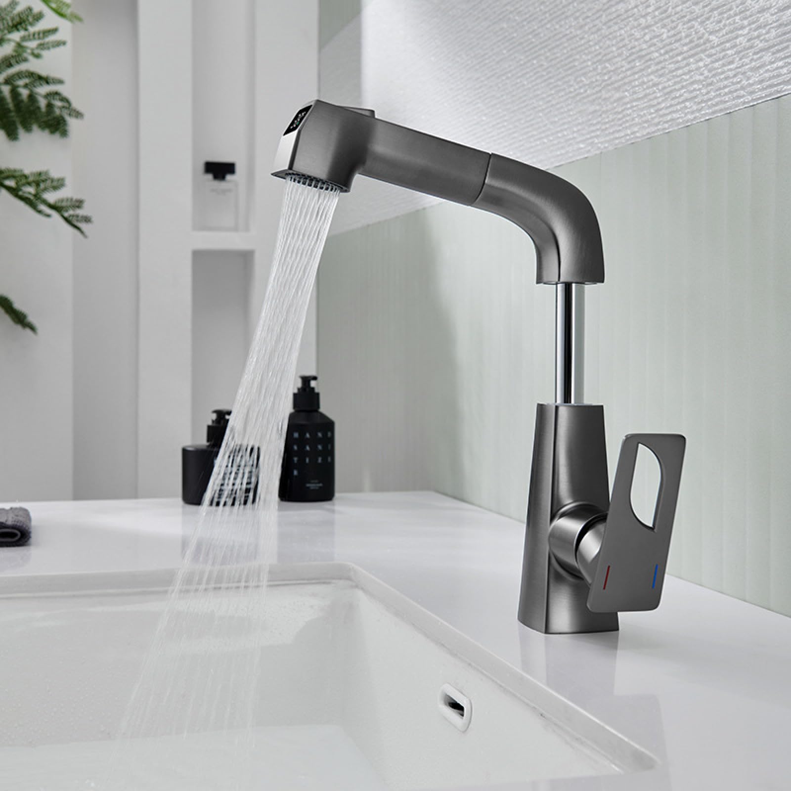 Fanjubei Gunpowder Gray Bathroom Adjustable Rotating Pull-Out Tape Digital Faucet, Gun Gray