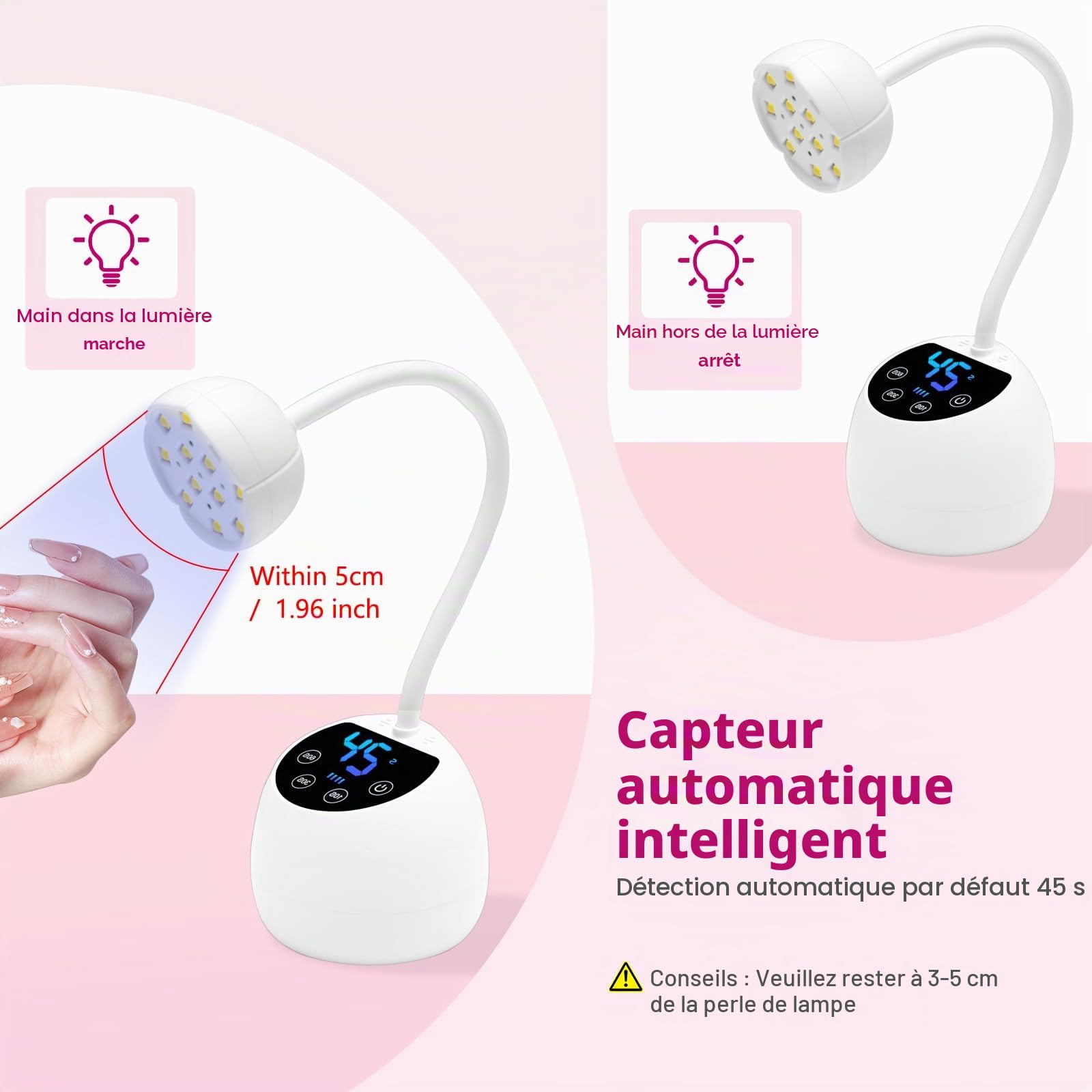CGBE Mini Lampe UV Ongles Gel avec Capteur Automatique Intelligent et Écran LCD, 12 Perles LED Mini Lampe UV avec 4 Modes de Minuterie, 36W Portable Sèche-Ongles pour Salon et Maison