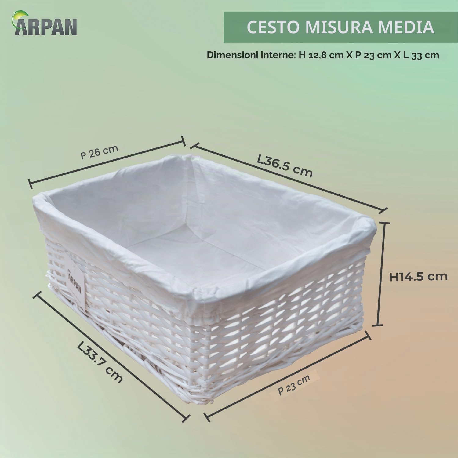ARPAN - 2 cesti portaoggetti in vimini 100% ecologici, con panno, misura media, 36 x 25 x 15 cm, colore: bianco