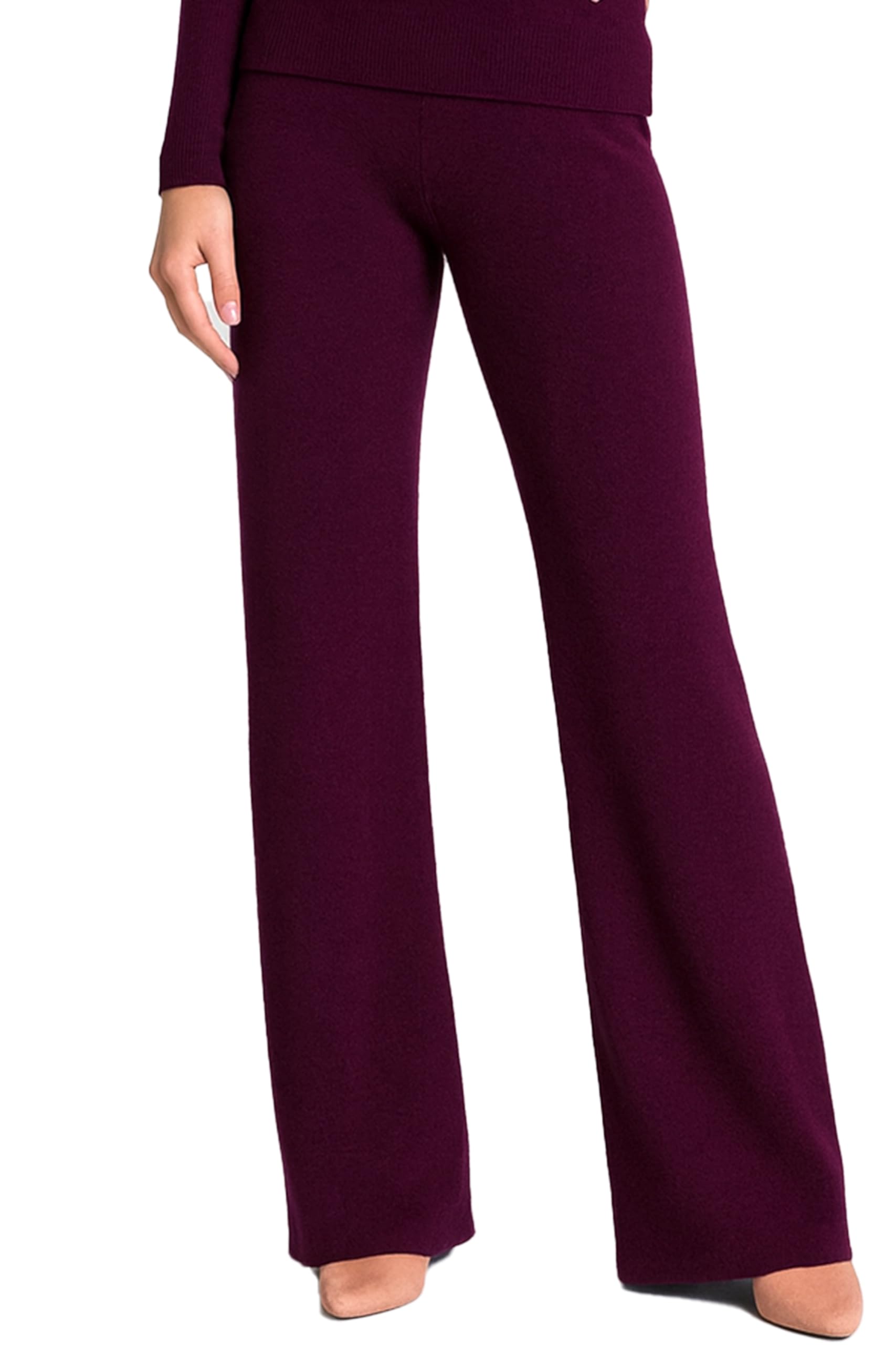 JENNIE LIU Womens 100 Cashmere Mid Rise Bootcut Pants - Soft Casual Lounge Trousers with Elastic Waist