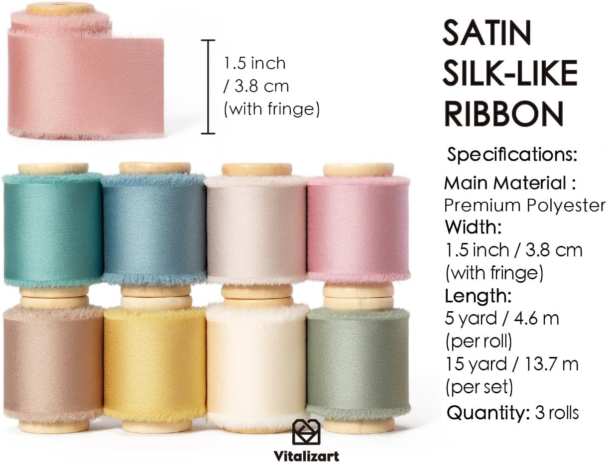 Vitalizart Silk Satin Ribbon 1-1/2 Inch x 45 Yard Wooden Spool Assorted Color Handmade Frayed Ribbons for Gift Wrapping Baby Shower Wedding Bridal Bouquets Holiday Decor 9 Rolls x 5 Yard