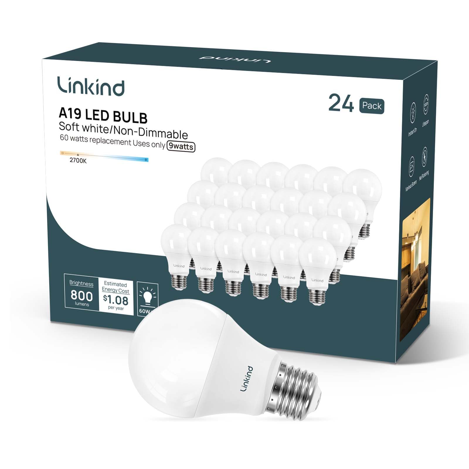Linkind A19 LED Light Bulb, 60W Equivalent, 9W 2700K Soft White