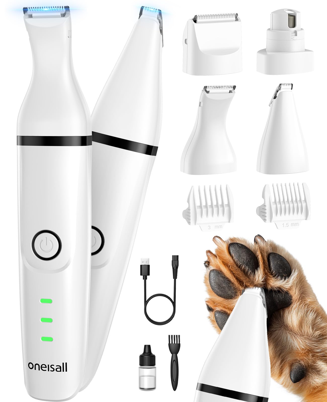 oneisall Tosatrice silenzioso per cani e gatti 4 in 1 completo, tagliacapelli ricaricabile per cani, taglia zampe e affila artigli con 4 testine multiuso per la depilazione di tutto il corpo (Bianco)