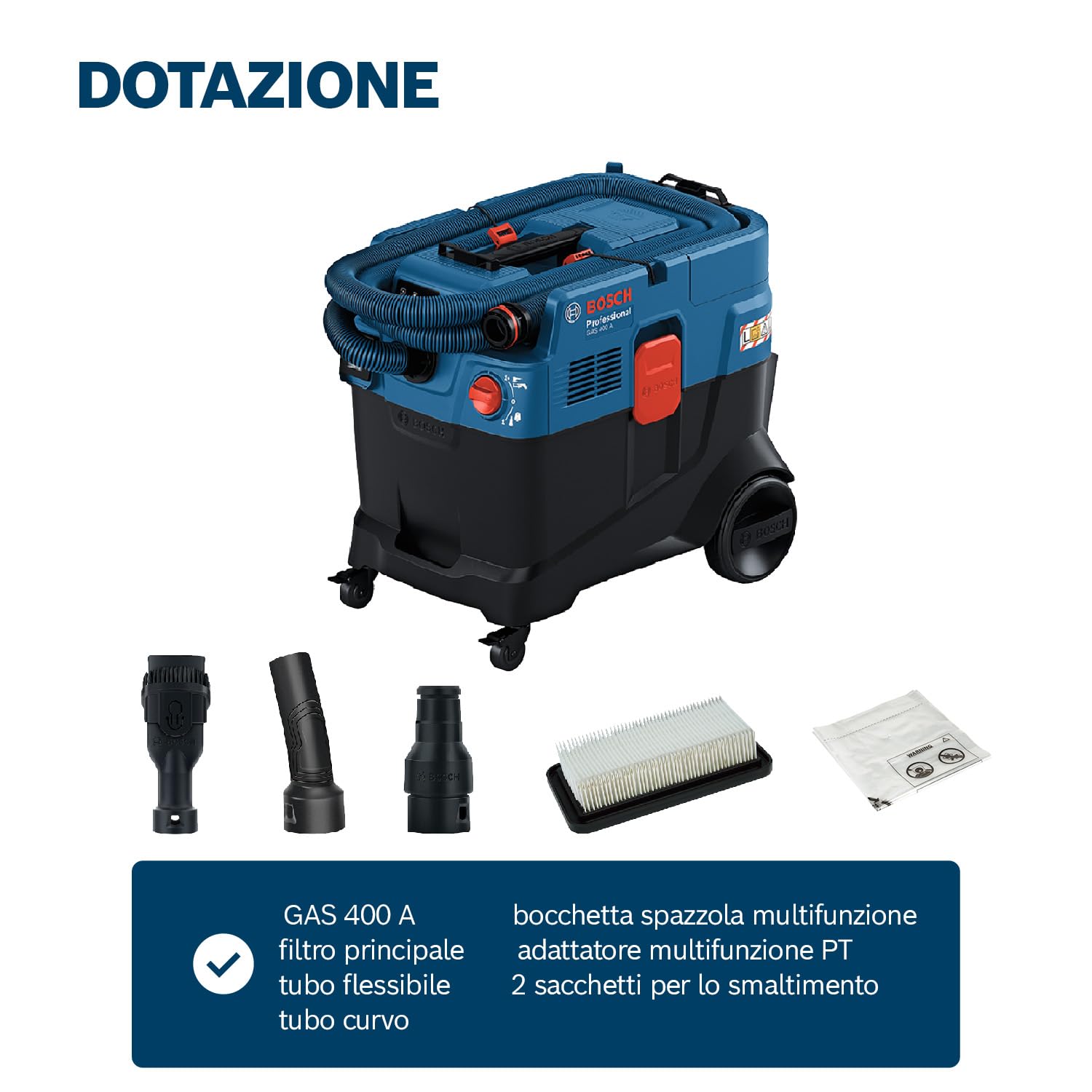 Bosch Professional Aspiratore universale GAS 400 A (1200 W, sistema pulizia filtro automatico (AFC), incl. filtro principale, tubo flessibile, adattatore PT, tubo curvo, 2 sacchetti per smaltimento)