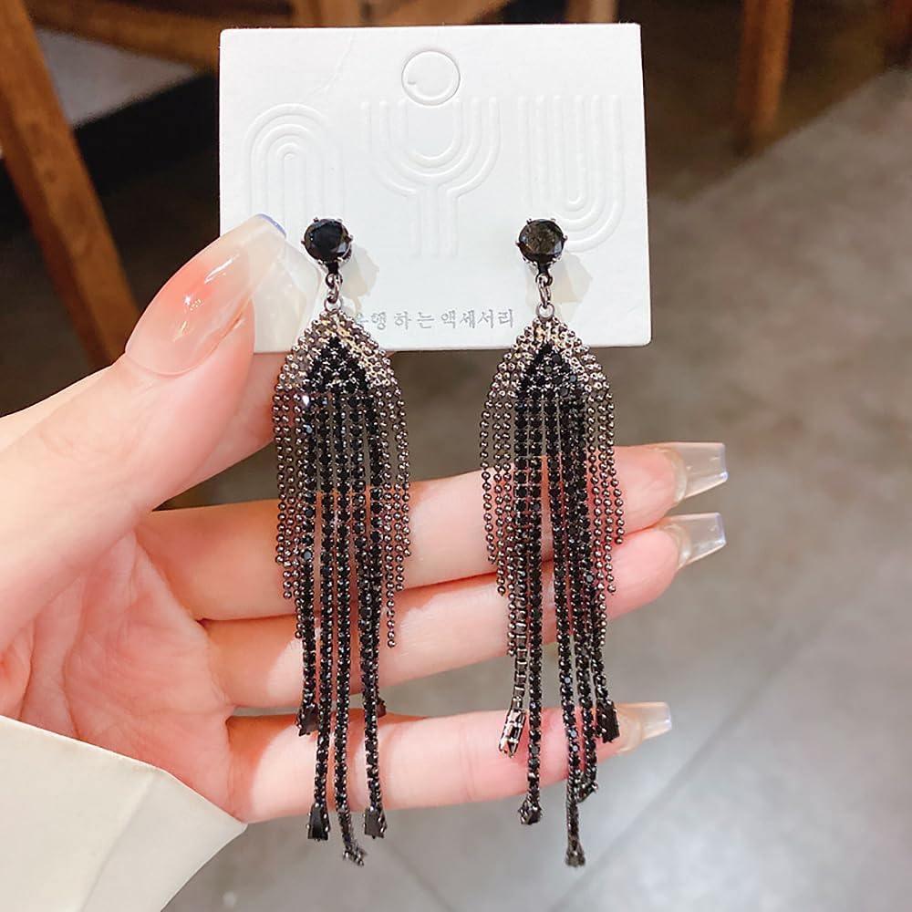 Black Rhinestone Long Tassel Earrings for Women.Crystal Chandelier Dangling Earrings Black Statement Earrings Fringe Zircon Drop Earrings Fashion Jewelry Gifts - Image 5