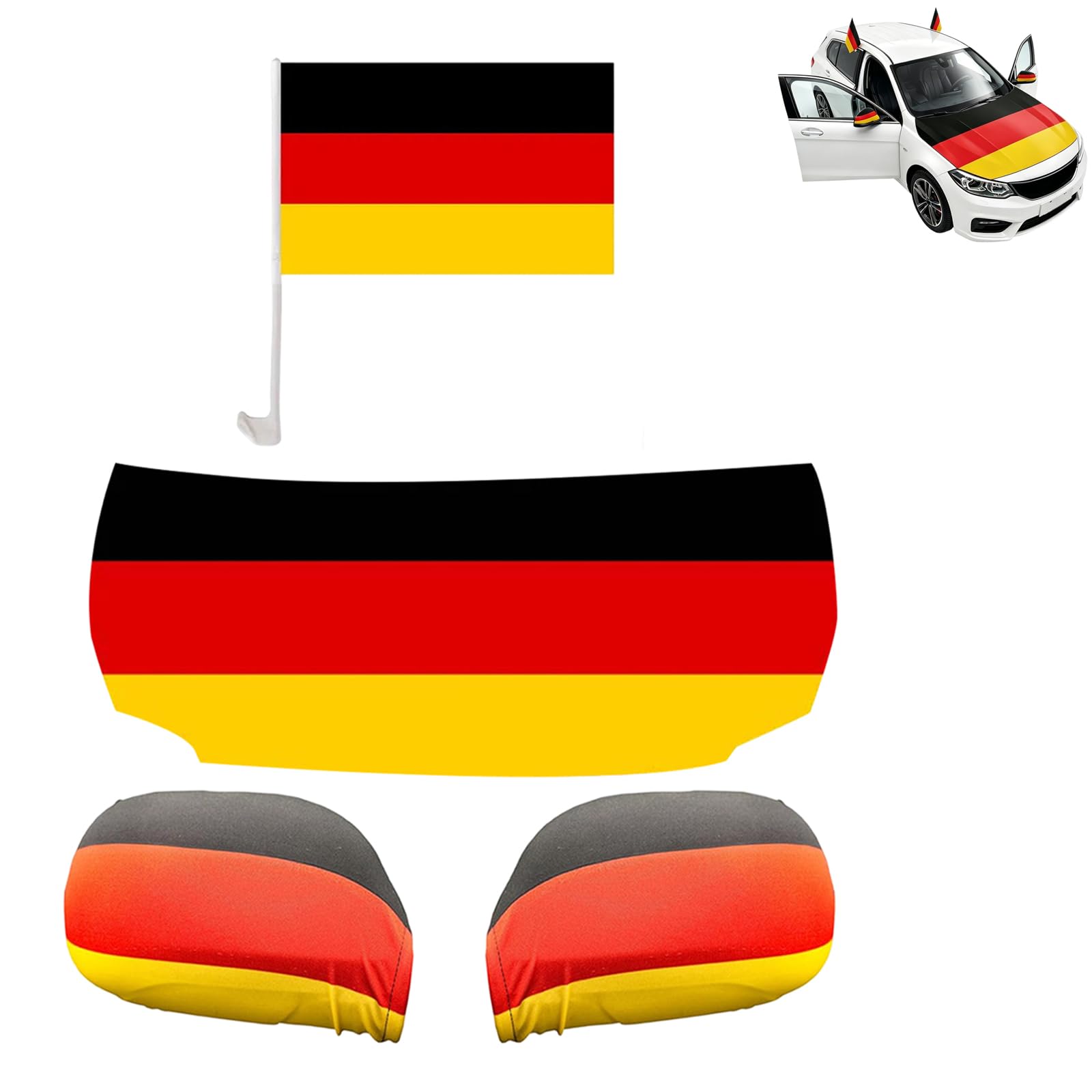 Auto Fahnen Deutschland Komplett Set 5 Teilig Motorhaubenfahne 2 Autofahnen Fenster & 2 Außenspiegelfahnen Deutsche Flagge Fahrzeug Deko Fußball Fanartikel FZG für EM & WM (5PCS)