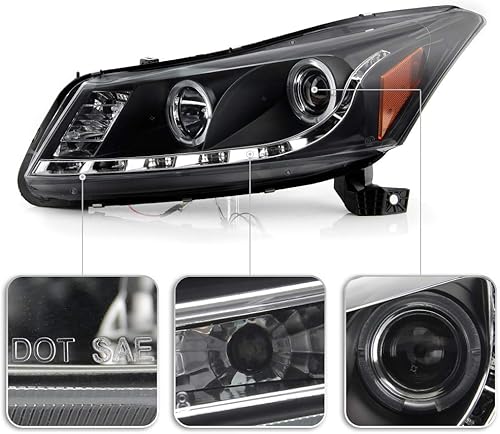 Miniatura 4 de ACANII - Para 2008-2012 Honda Accord 4Dr Sedan LED DRL Halo Negro Carcasa Proyector Faros Faros Faros Par Izquierdo+Derecho