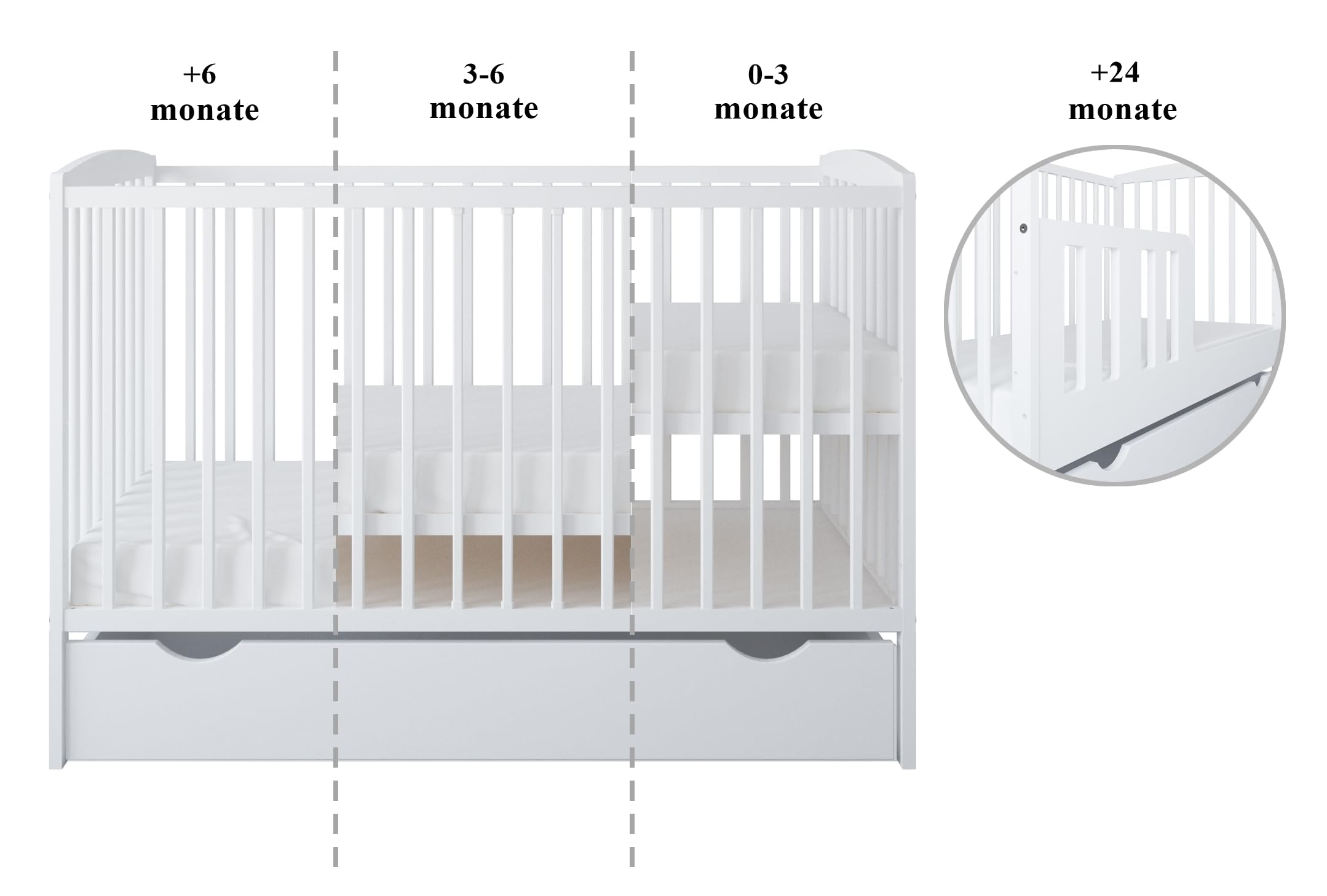 zee Cuna para Bebé 120 x 60 cm Blanca 2 en 1 Convertible en Cama Junior Altura Ajustable en 3 Niveles con Barandilla de Seguridad Madera de Pino