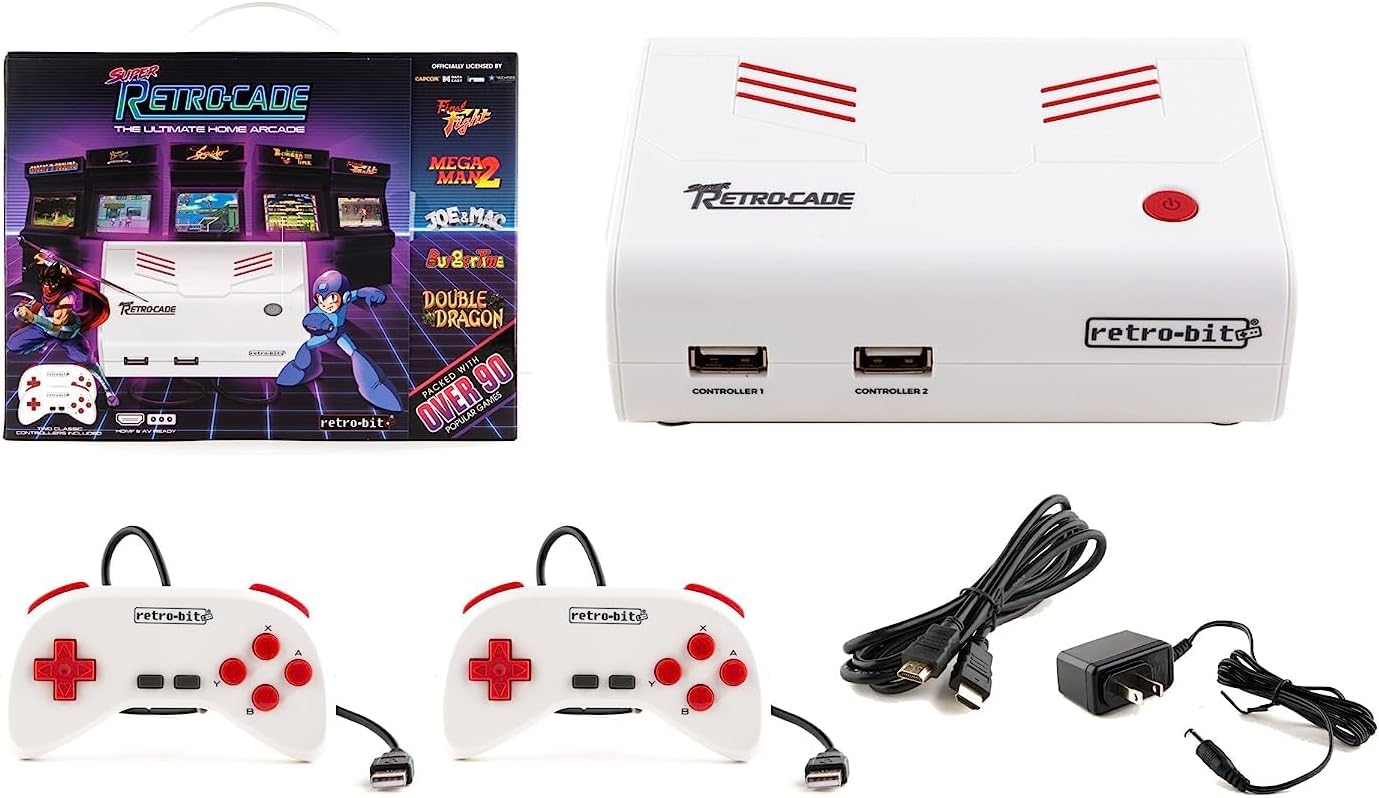Retro-Bit Super Retro-Cade Plug and Play Game Console - Packed with Over 90 Popular Arcade and Console Titles (Red/White) Version 1.1