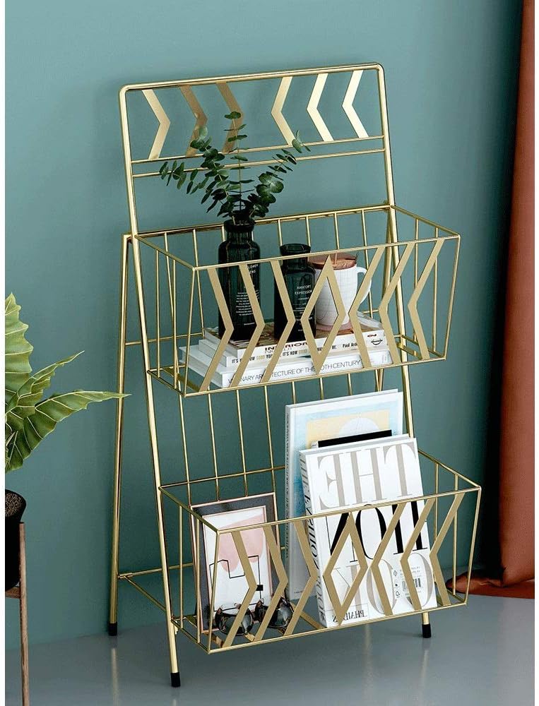Floor Leaflet Stand 2 Home Office Layered Wire Magazine Rack Nordic-Style Plant for A4 Brochure Holder (Color : Gold Size : 42×34×78)
