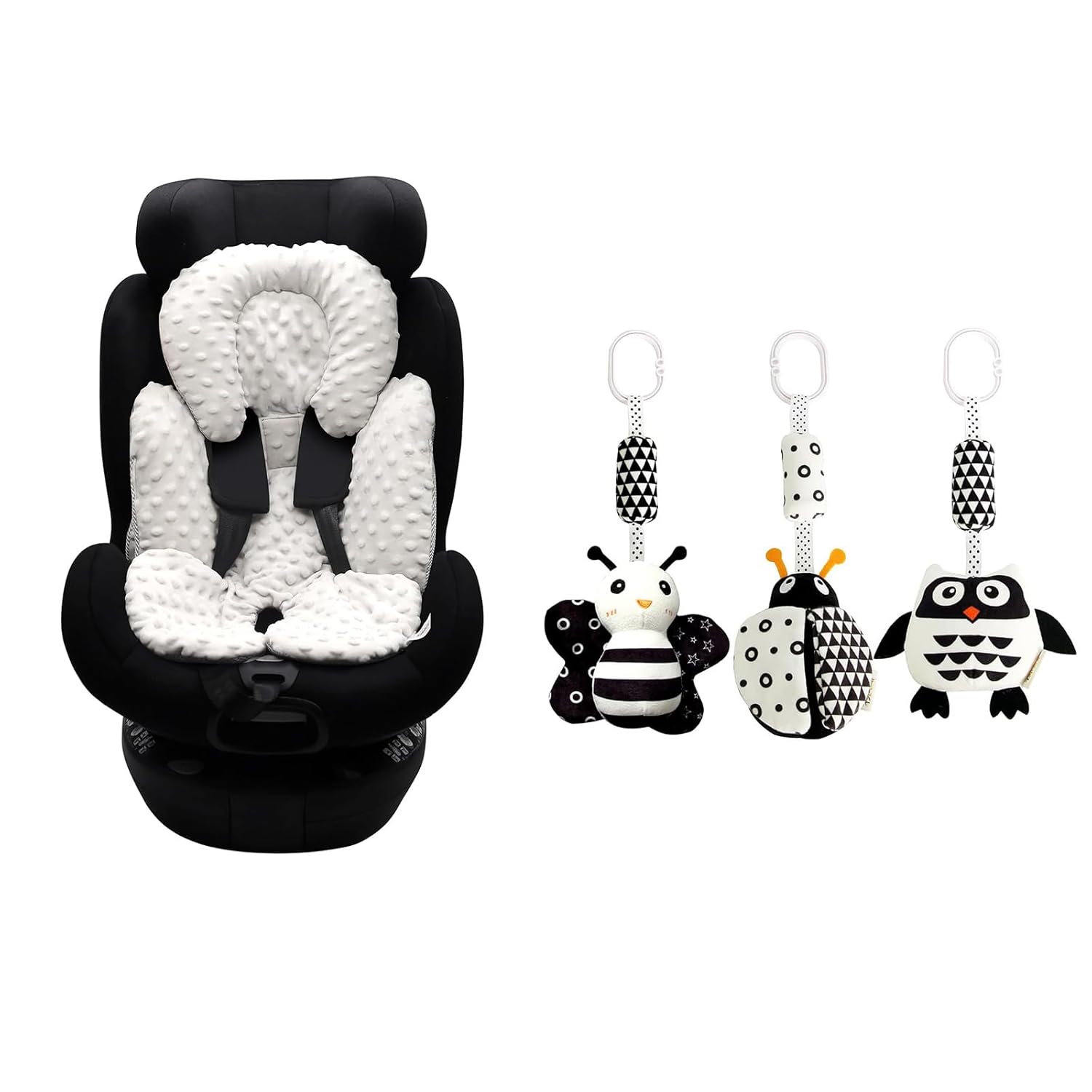 KAKIBLIN Infant Car Seat Insert, Baby Carseat Head & Body Support for Newborn,Baby Hanging Toy,3 Pack Black and White Toys for 3 6 9 12 Months