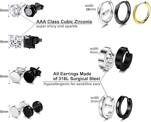 Miniatura 2 de 15 pares de aretes negros para hombre, aro de acero inoxidable, tachuelas de circonita cúbica, unisex, hipoalergénicos