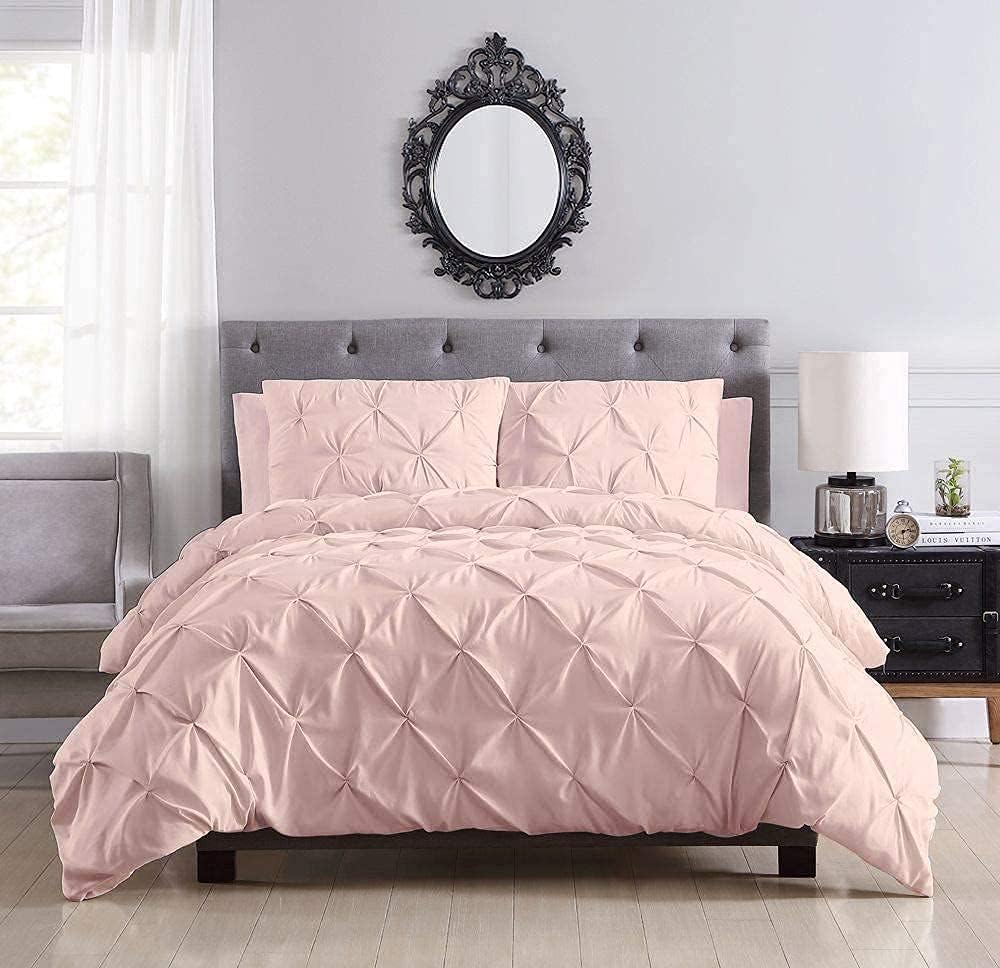 Silentnight Pinch Pleated Duvet Cover Set 3 Piece 100% Egyptian Cotton 800 Thread Count Box Pintuck with Zipper Closure & Corner Ties Duvet Cover, King/California King (94" x 104") Blush Solid