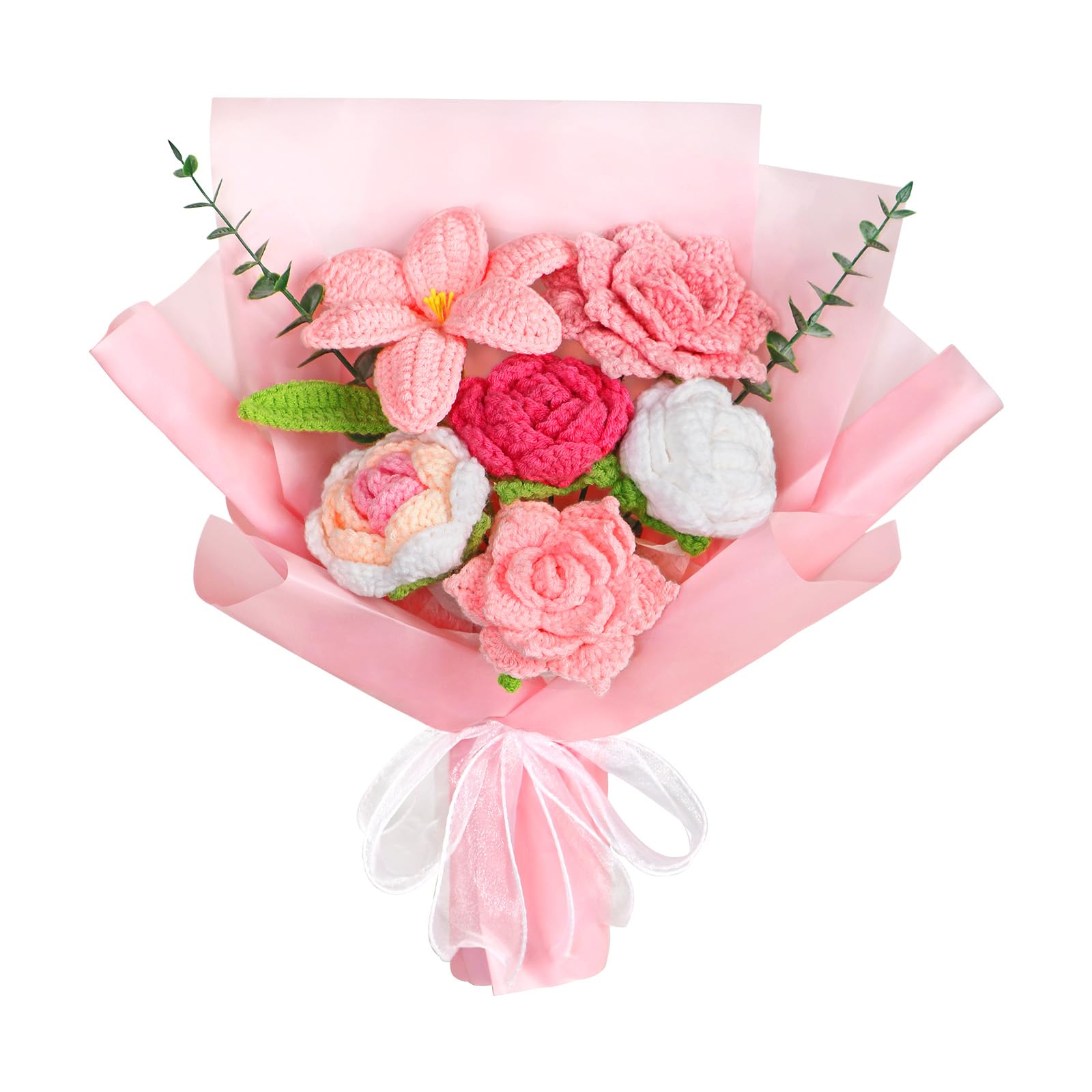 UXORSN Bouquet di fiori all'uncinetto Tessuti a mano Artificiali Rose tulipano Lavorati a Maglia Fiori Composizione Floreale Finta per Festa Della Mamma Anniversario Compleanno Laurea Regalo (Rosa)