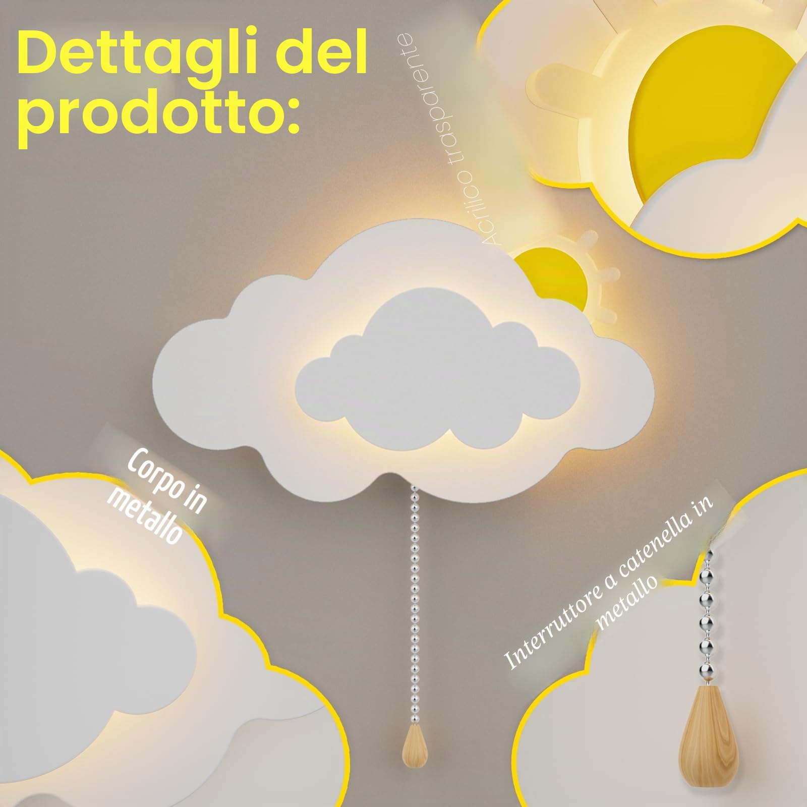 DROMEZ Applique Camera da Letto Bambini, Lampada da Parete Senza Fili, Applique da Interno Nuvola con Interruttore, Ricaricabile USB, 4000mah, 3 Colore, per Bambina/Bambino, Bianca