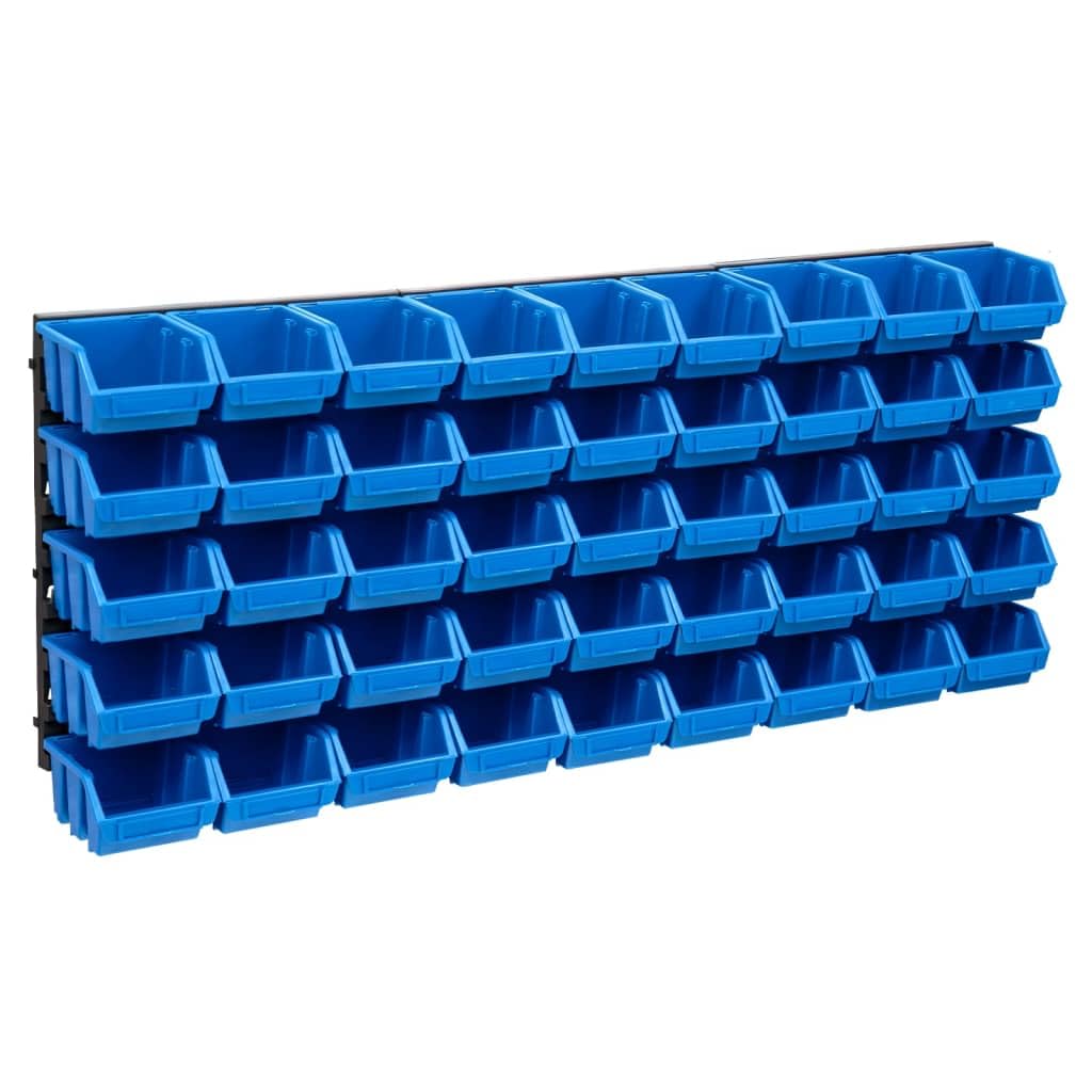 Juego de 48 recipientes para herramientas y piezas pequeñas con placas de pared, color azul y negro, para garaje, taller, sala de ocio, almacenamiento y organización