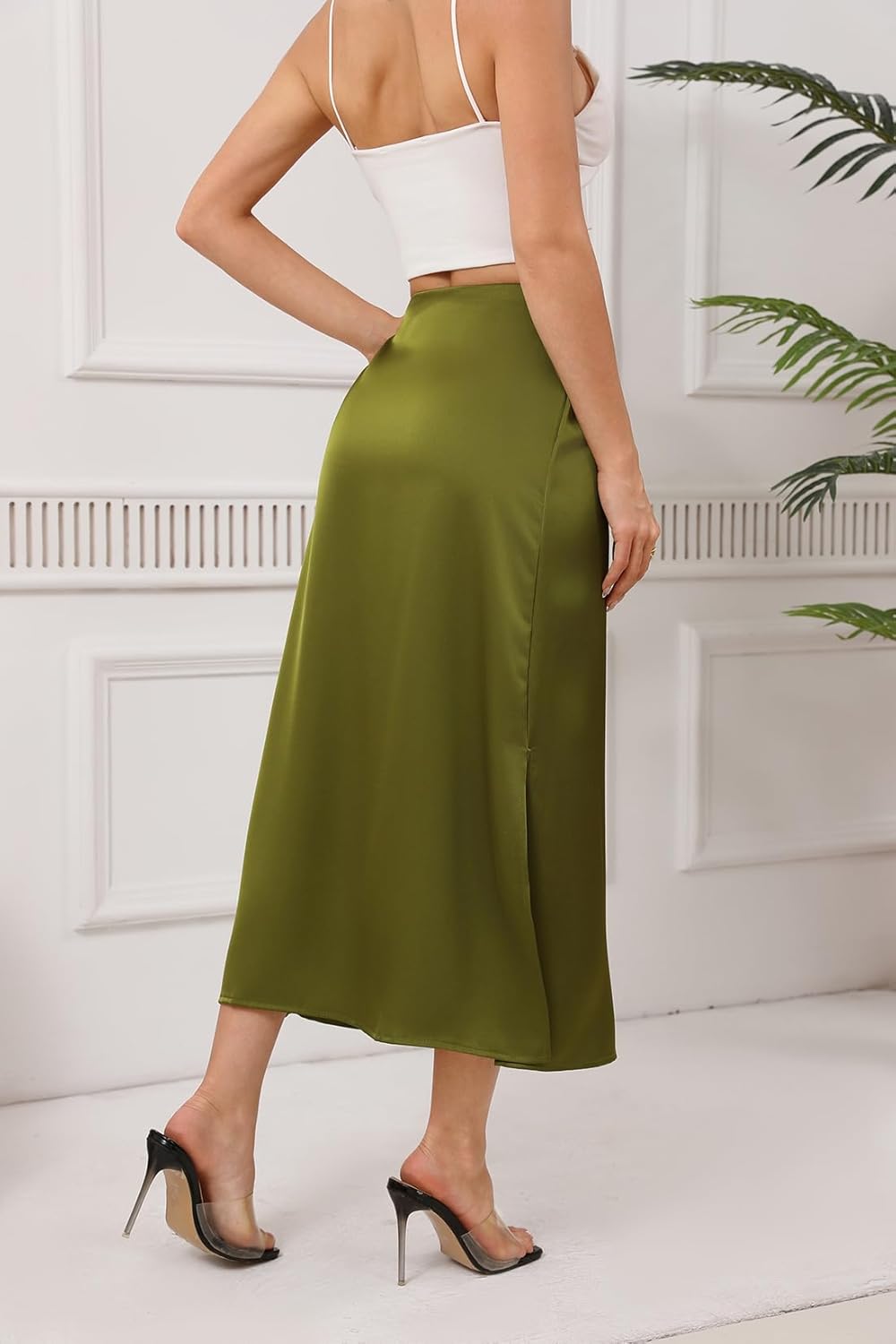 Women's Satin Midi Skirt Dressy Elastic High Waisted Silk Slip Flowy Ruffle Flared Cocktail Party Work A Line Skirts - Image 4