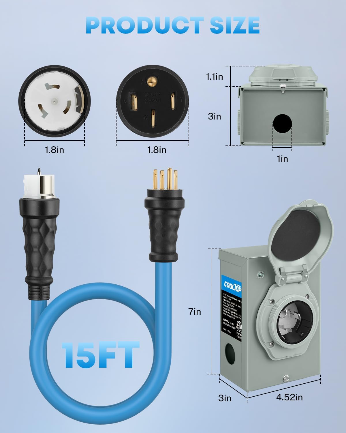 COOLTOP 50 Amp Generator Cord and Power Inlet Box Kit, 15FT Extension Cable STW 6/3+8/1 AWG Generator Cord 125/250V NEMA 14-50P to SS2-50R Pre-Drilled Inlet Box Waterproof Combo Kit, ETL Listed