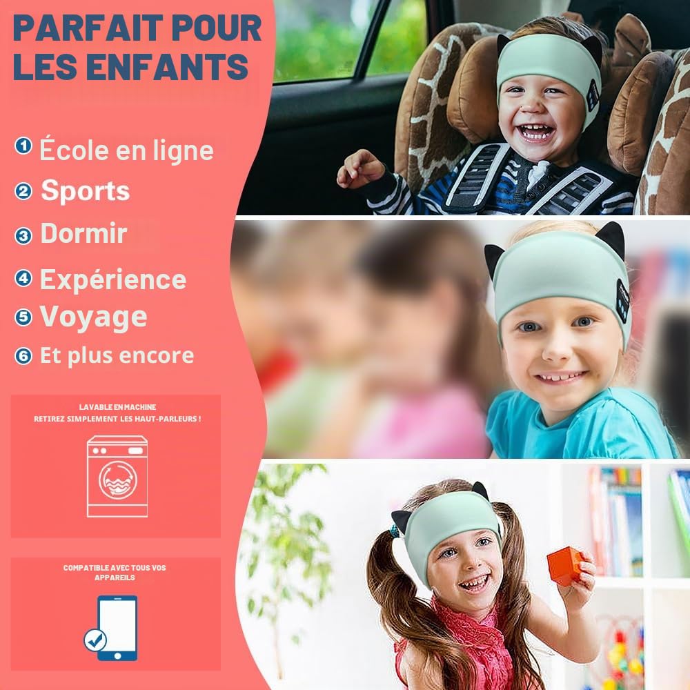 Joythink Casque Bluetooth Enfant pour Dormir, Bandeau Écouteurs Doux avec Masque de Sommeil, Haut-Parleurs Fins Intégrés, Sans Fil, Idéal Voyage Avion, Sieste, Musique,Aqua