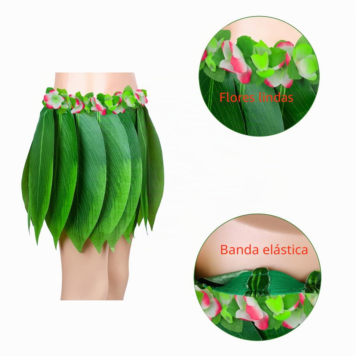 Falda hula de hojas con falda de hierba hawaiana Leis y flores artificiales de hibisco para playa, fiesta hawaiana Luau Tiki (color 8)
