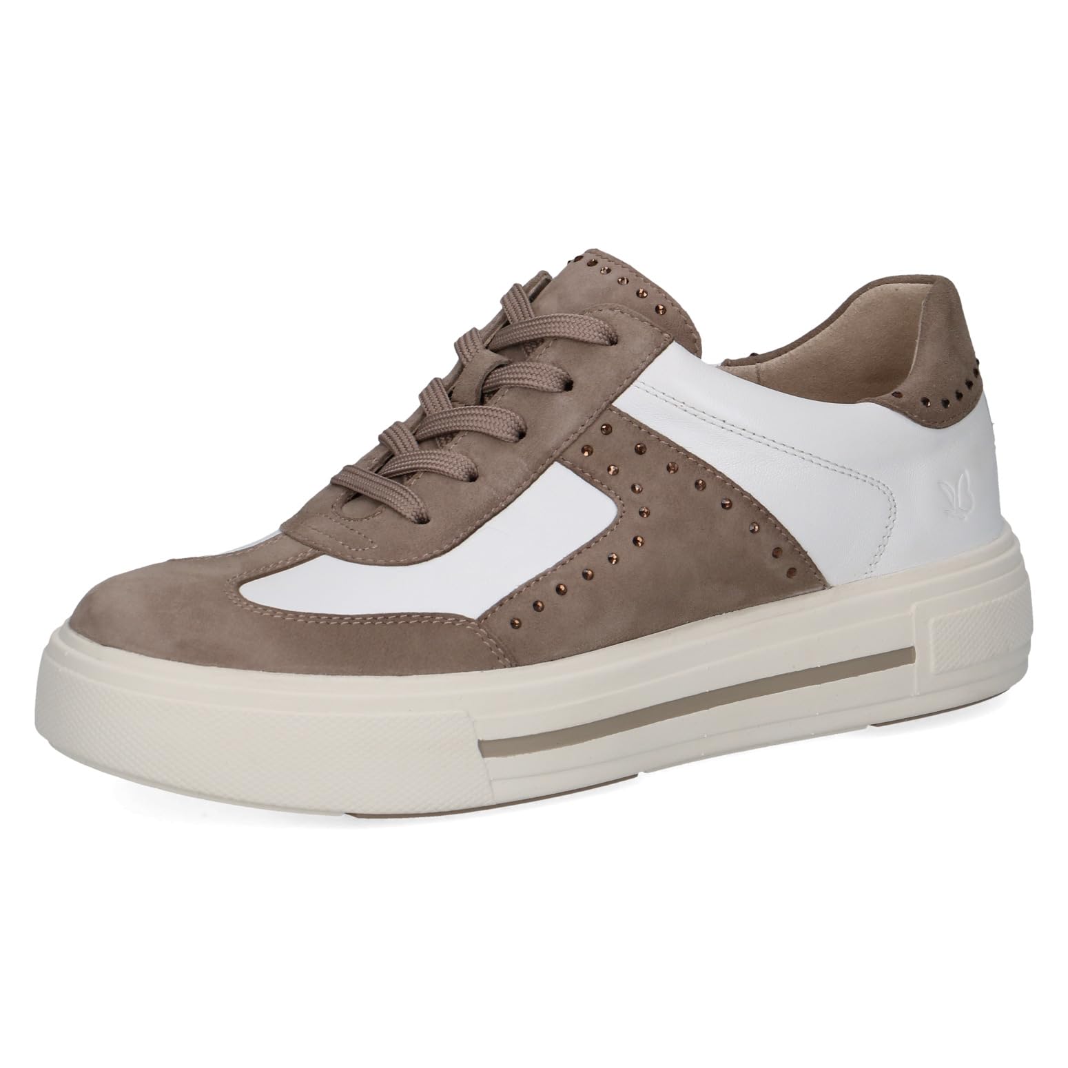 CAPRICE Women's Low-top Leather Sneakers with Rhinestones, Brown (Mud/White), 7.5 UK