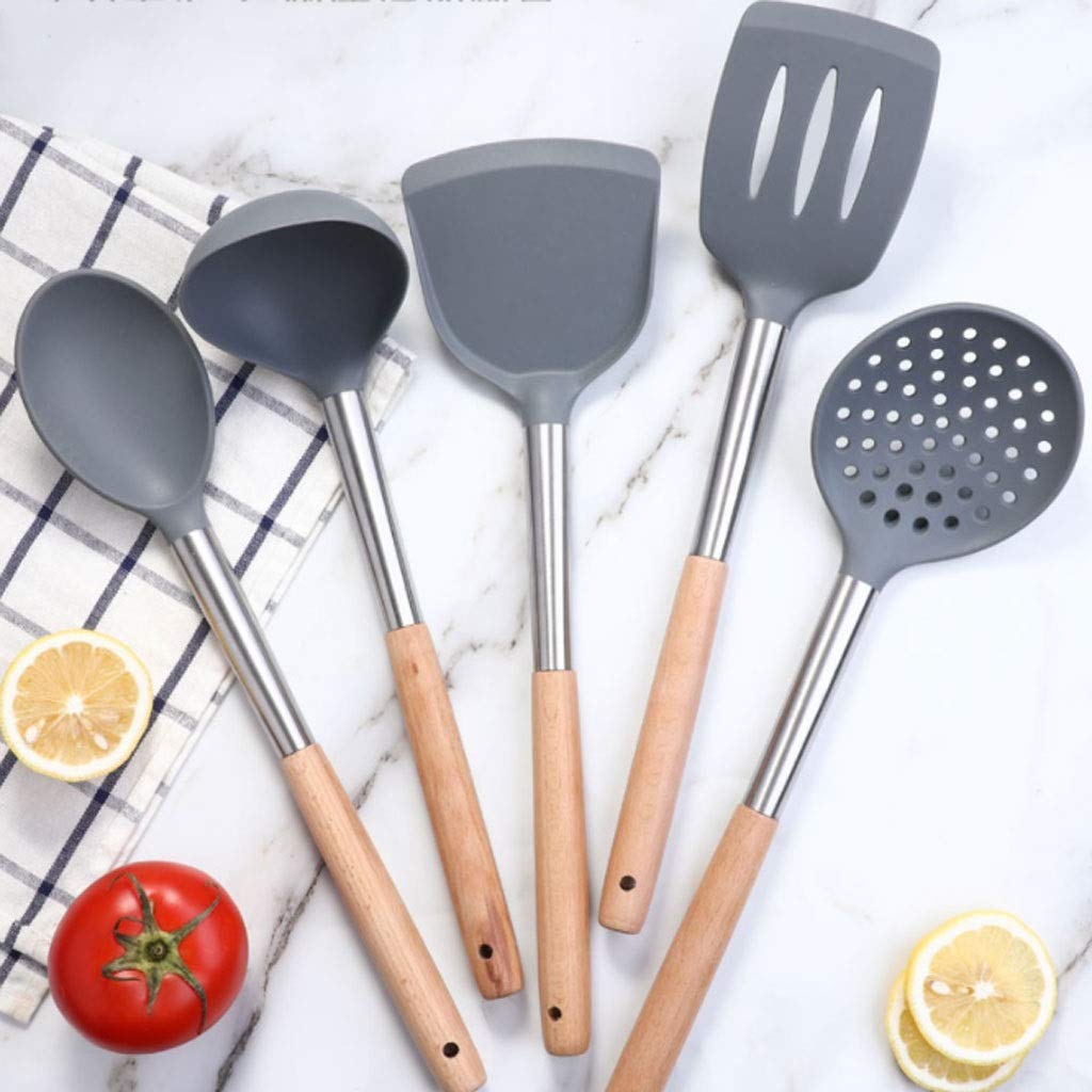 Küchenutensilien-Set, Küchengeschirr, Pfannenwender, Löffel-Set, Holzgriff, Kochgeschirr, Silikon, Edelstahl, Silikon, Kochschaufel, Löffel, komplettes Set an Küchenzubehör