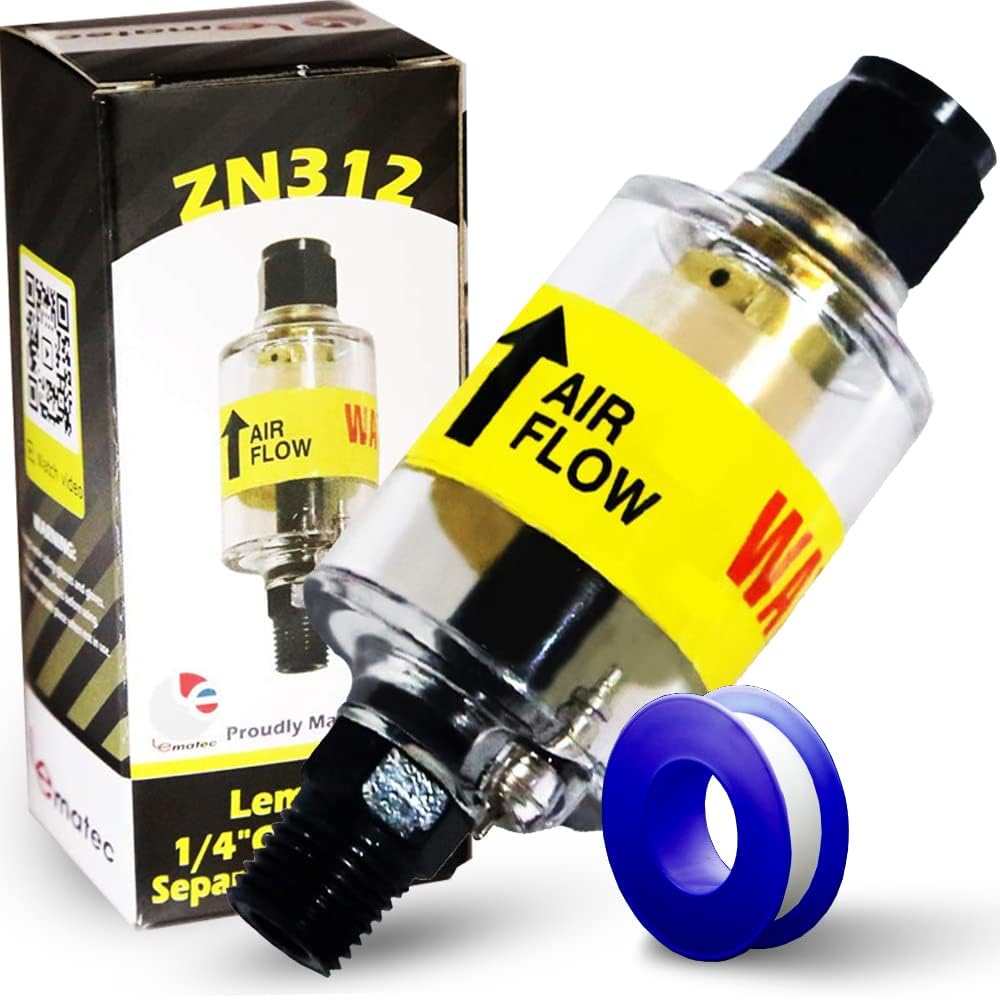 Le Lematec Air Compressor Filter with Teflon, Water Separator, Air Compressor Dryer with Drain Valve, for Air Tools, Plasma Cutters, and Air Lines (ZN312-C1)