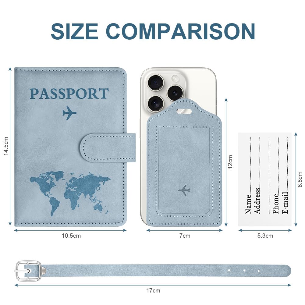 OFFCUP Funda Pasaporte, Porta Pasaporte con Bloqueo RFID, Cuero de PU Porta Documentos Viaje con Identificador De Maletas para Pasaportes Tarjetas Crédito Funda Tarjeta Identific (Azul Cielo) - 3