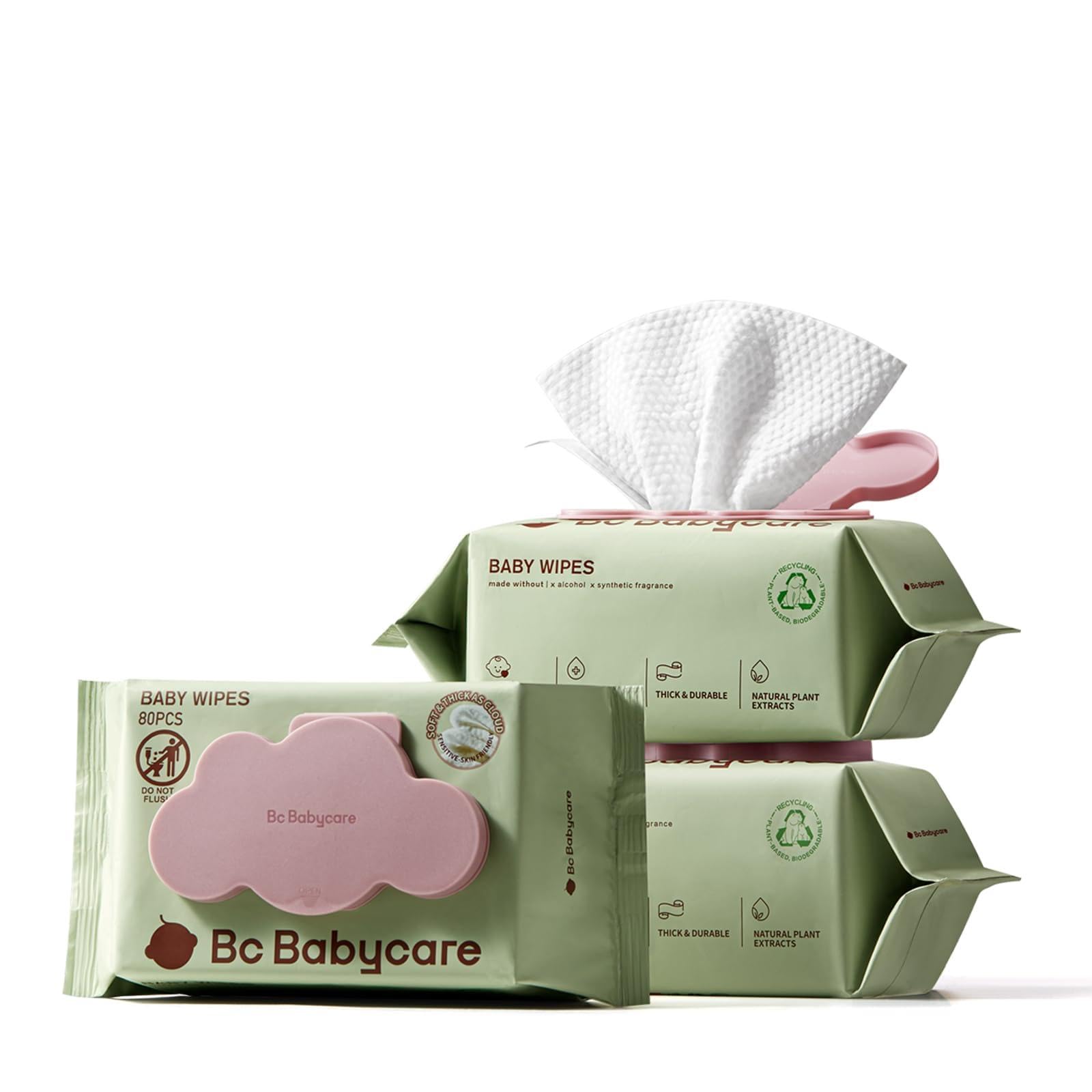 bc babycareCloud Moist Baby Wipes, Thick & XL, 99% Water, Ultra-Hydrating, Unscented, Hypoallergenic for Sensitive Skin, Biodegradable, 3 Flip-Top, 240 Count