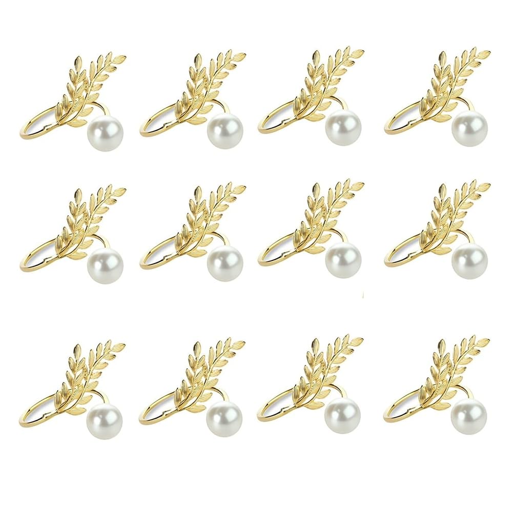 CTRLZS Gold Napkin Ring Set of 12-Metal Wheat Ear& Pearl Design, Perfect for Family Dinners, Weddings, Parties