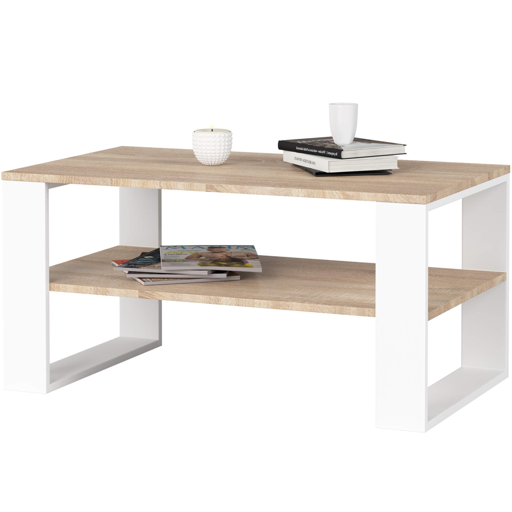 AKORD Mesa de Centro Alex Roble Sonoma 92 cm con Estructura de Patas Blancas A92xL45xF53 cm