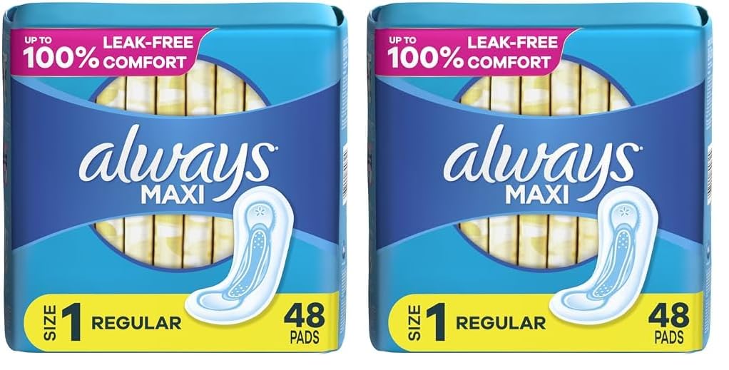 Always Maxi Feminine Pads for Women, Size 1 Regular Absorbency, Without Wings, Unscented, 48 Count (Pack of 2)