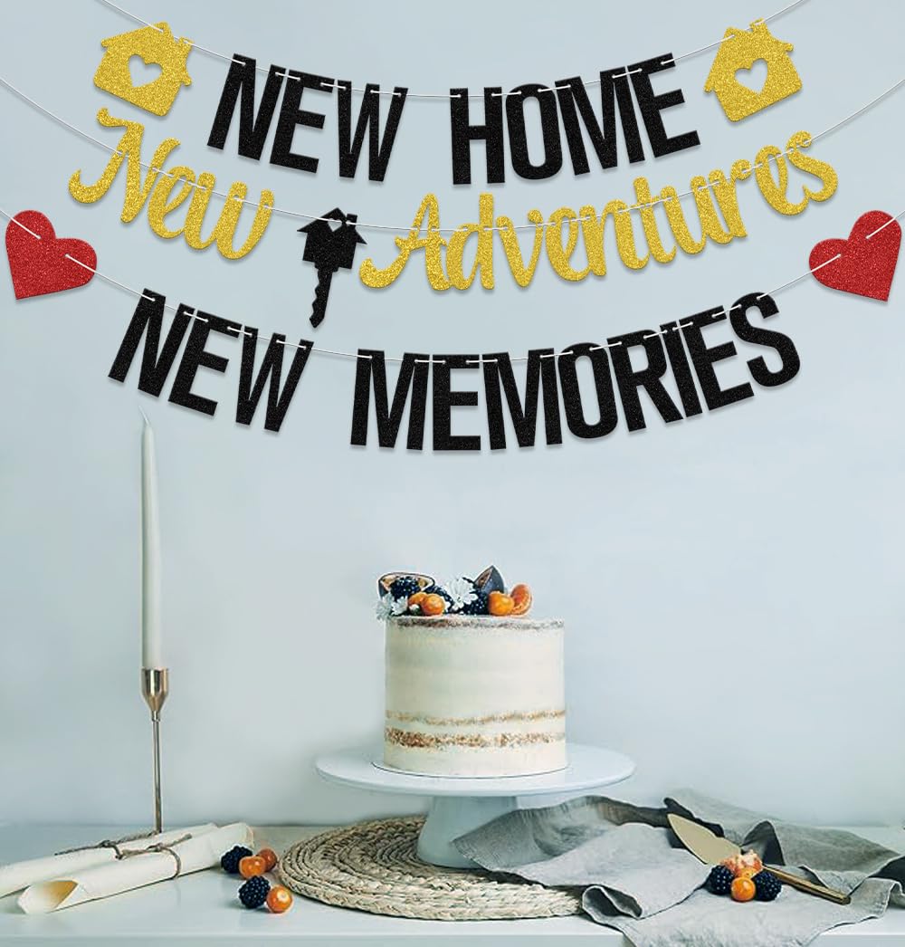 New Adventures New Memories Banner - Housewarming Decorations, Welcome Home Party for Family & Friends - Black Glitter - Image 3