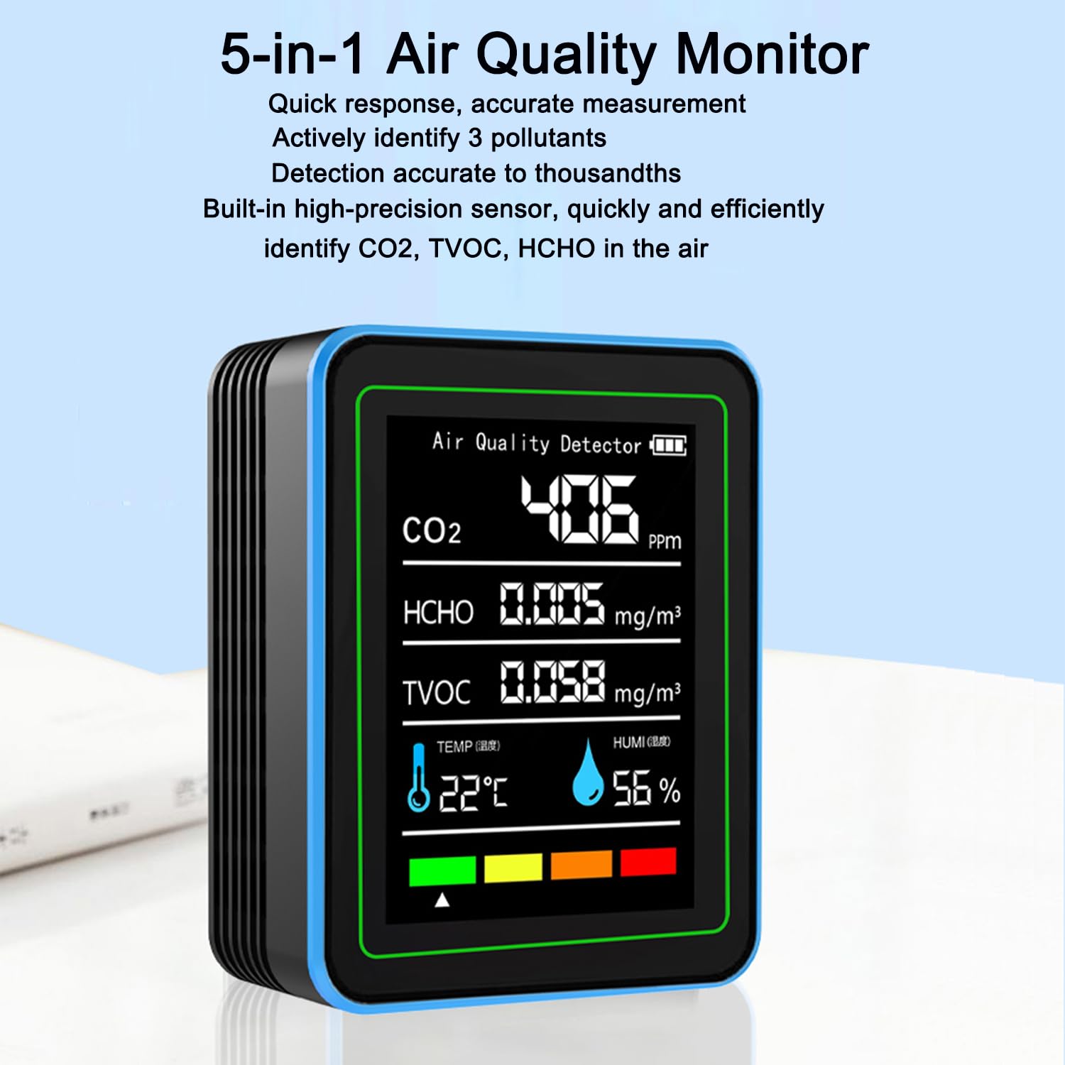 Luftqualitätsmonitor für Innenräume: Temperatur- und Feuchtigkeitssensor mit CO2, TVOC, HCHO,CO2 Melder für Zuhause, 5-in-1-Luftqualitätsmesser für Zuhause, Büro, Schule, Hotel