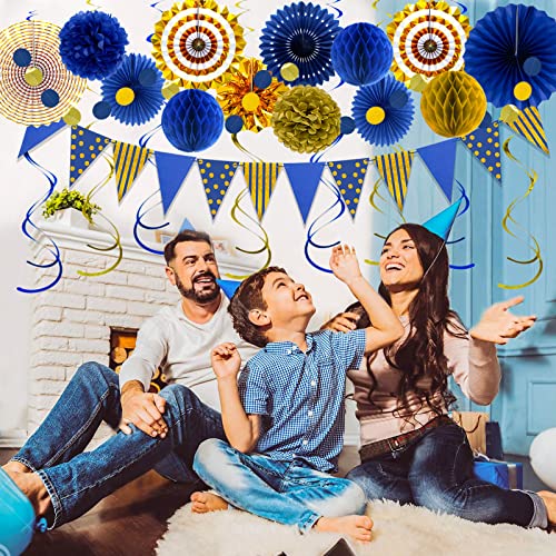 Image of Blue Gold Party Decorations, Graduation Season Hanging Glitter Triangle Flags Banner Paper Fan Tissue Pom Poms Garlands, Boy Men Party, Bridal Shower, Navy Blue Themed Birthday