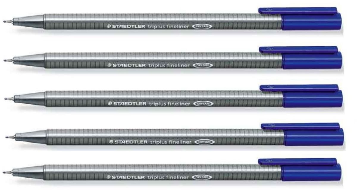 STAEDTLERBlue 0.3mm Triplus Fineliner Fine Line Pens Superfine Dry Safe & Washes Out Of Most Textiles (Pack of 5)