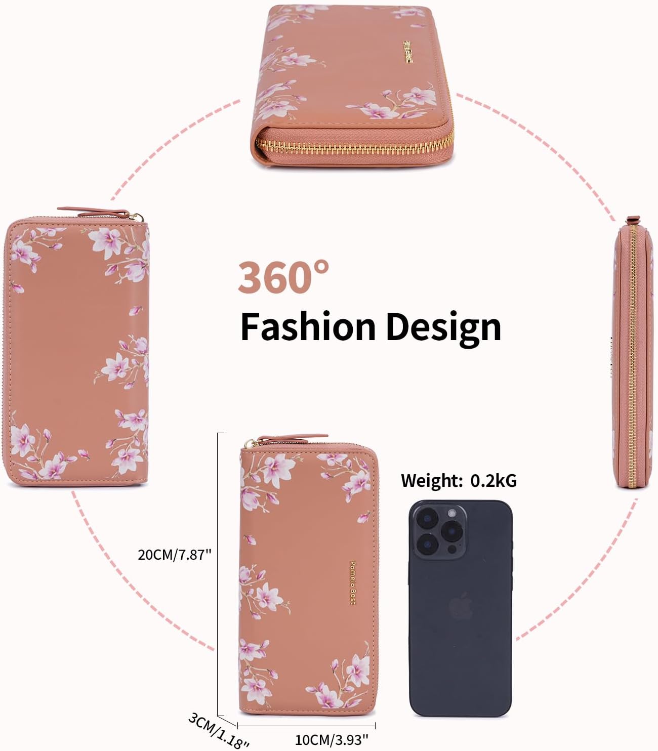 Pomelo Best Women's Large Purse in Long Format Flowers Embossing Zip Wallet with RFID Blocking and Many Compartments Khaki Orange image 5