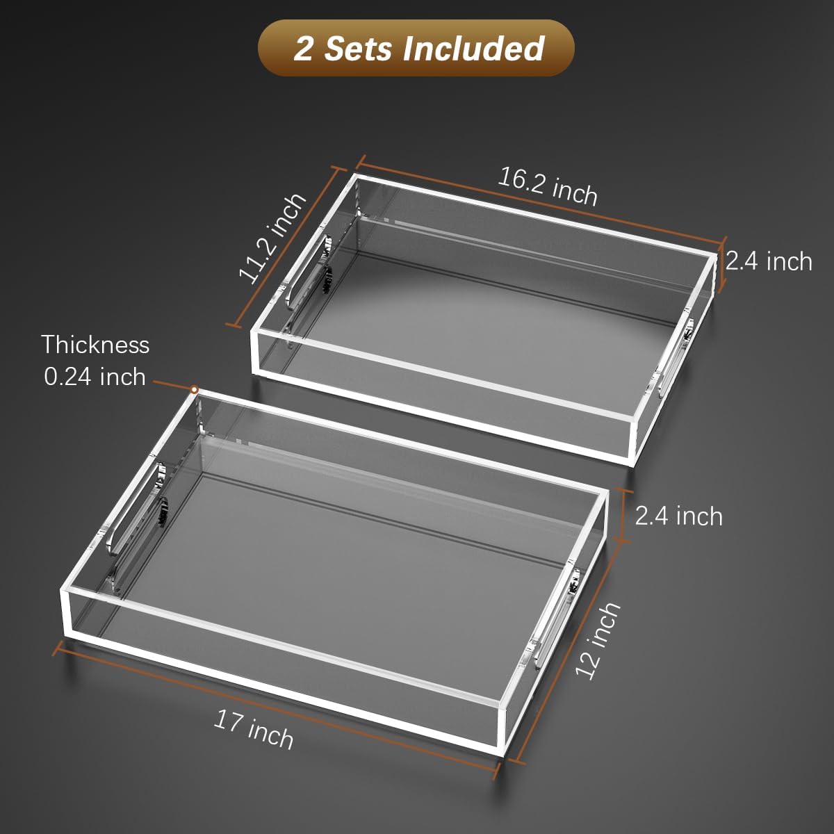 2 Pack 12"x17" Acrylic Serving Tray with Handle-Clear Acrylic Trays for Serving Food -6mm Thick Large Outdoor Lucite Tray-Stackable Makeup Organizer(12X17X2.4, 11.2X16.2X2.4) - Image 5