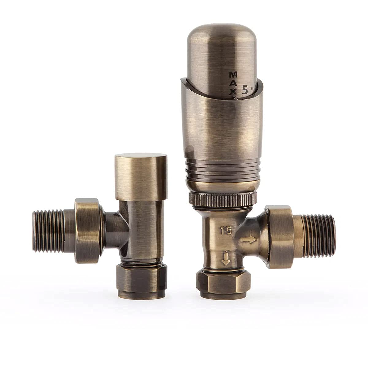 Foundry Antique Brass Castrads Niva Angled Thermostatic Radiator Valve & Lockshield Set (Antique Brass)