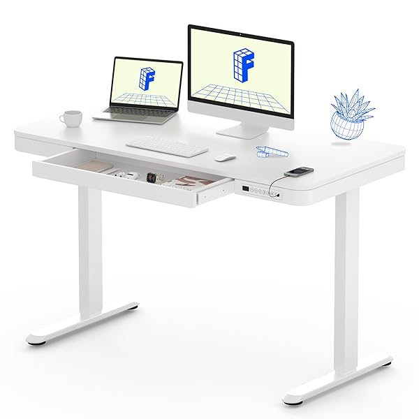 FLEXISPOT Comhar Electric Standing Desk with Drawers Charging USB A to C Port, Height Adjustable 48" Whole-Piece Home Office Computer Laptop Table with Storage (White Top + Frame)