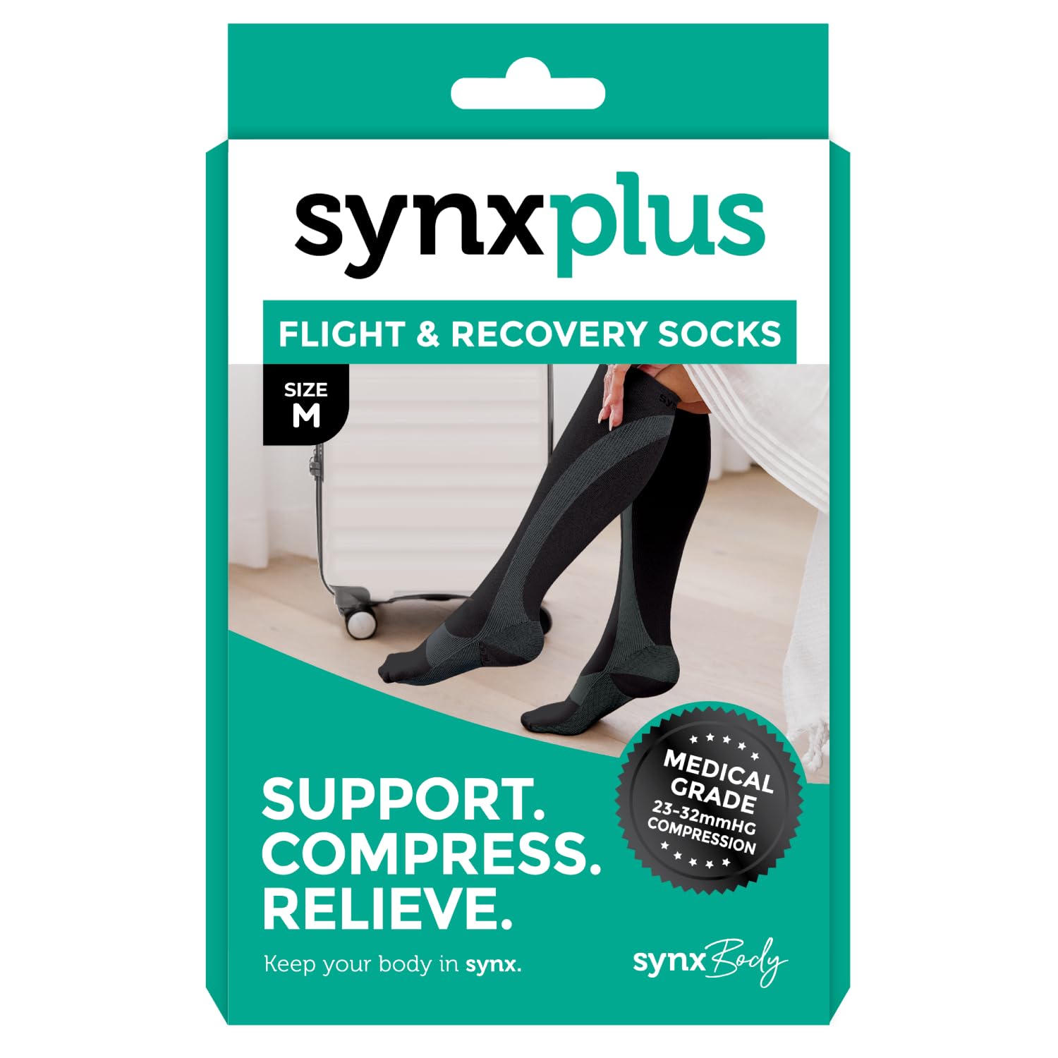SynxBody Flight Compression Socks for Women & Men (Class 2) - These Flight Socks Help Prevent Deep Vein Thrombosis (DVT) During and After Flight (Black, Small)