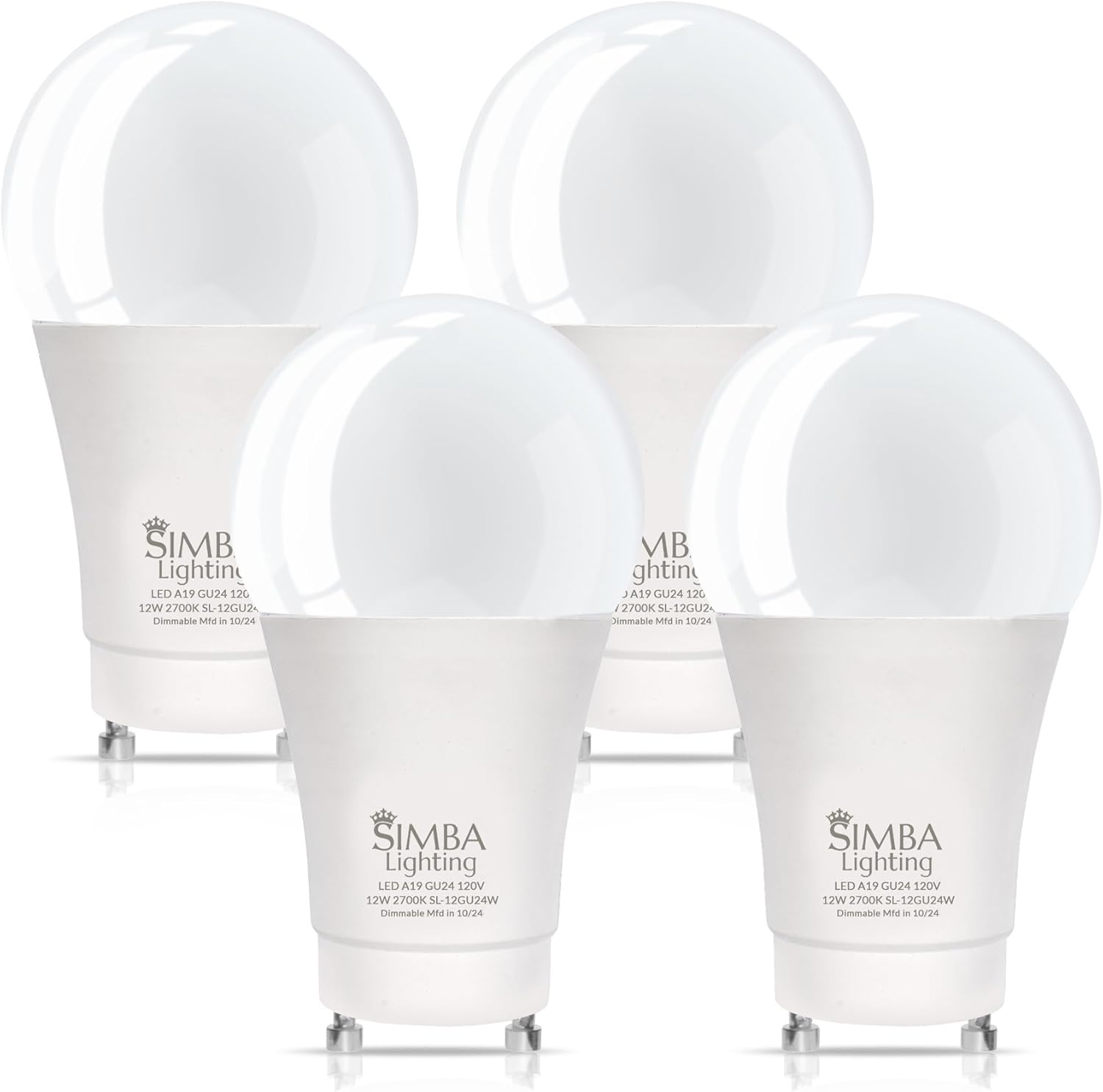 Simba Lighting LED GU24 A19 Light Bulb 12W 75W to 100W Replacement (4 Pack) 120V 2 Prong Twist and Lock Base for Ceiling Lights, Pendants, Outdoor Lanterns, Floor Lamps, Dimmable, 2700K Warm White