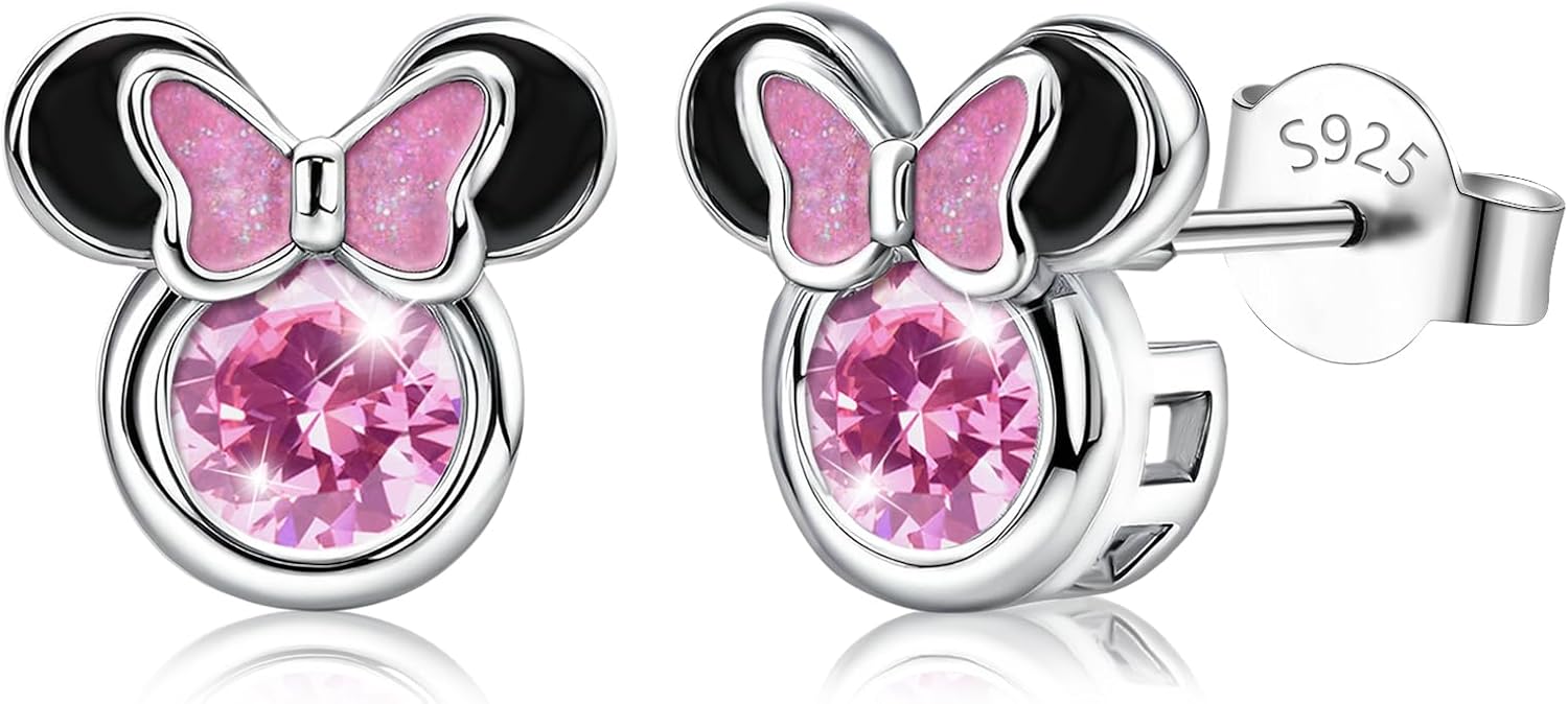 Mouse Earrings Sterling Silver Pink CZ Mouse Stud Earrings Sparkling Mini Cute Mouse Bow Earrings Minnie Animal Stud Earrings Lucky Cute Post Jewelry Gifts for Women Daughter Birthday