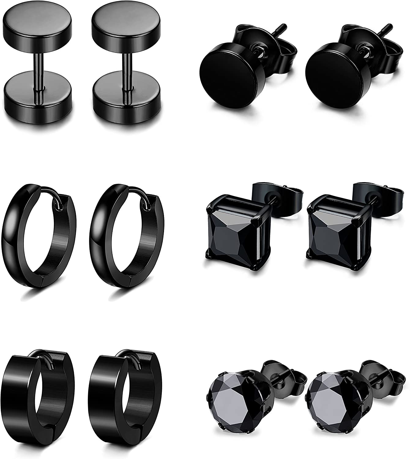 Diamday 6 Pares Acero Inoxidable Pendientes Negro para Hombres Mujeres Redondo Stud Pendientes Aro Huggie Pendientes Clásico Cartílago Pequeño Aretes Oreja Piercing Aros Pendientes Barbell Piercing