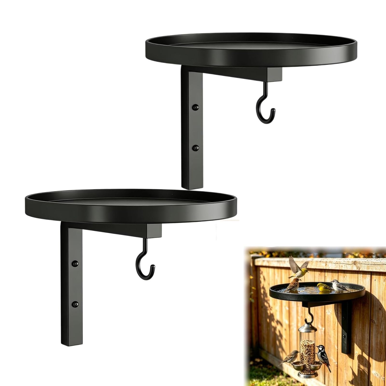 Vaschetta per il bagno degli uccelli in metallo montata a parete, vasca per uccelli all'aperto 2 in 1 e vassoio per mangiatoia con gancio per appendere, per giardino, patio, recinzione, albero (2PC)